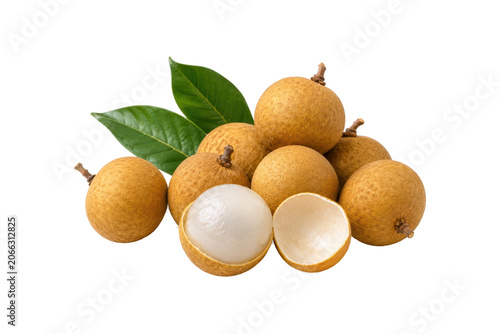 Fresh longan fruits with green leaves and peeled longan revealing translucent white flesh, isolated on a clean white background. Tropical fruit harvest concept, natural organic produce, healthy sweet 