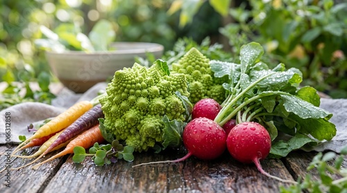 Premium fresh harvest vegetables featuring luxury romanesco broccoli and radishes on a rustic table in a garden setting