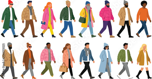 Diverse people walking in winter clothes vector illustration set featuring characters in warm coats jackets and hats