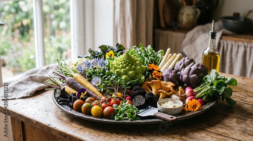 Premium selection of luxury farm-fresh organic vegetables including romanesco and artichokes on a rustic platter in a sunlit kitchen interior