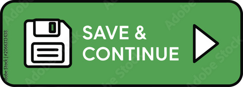 Bild auf Leinwand Green Save and Continue Button with White Icon and Play Arrow, Web UI Action But