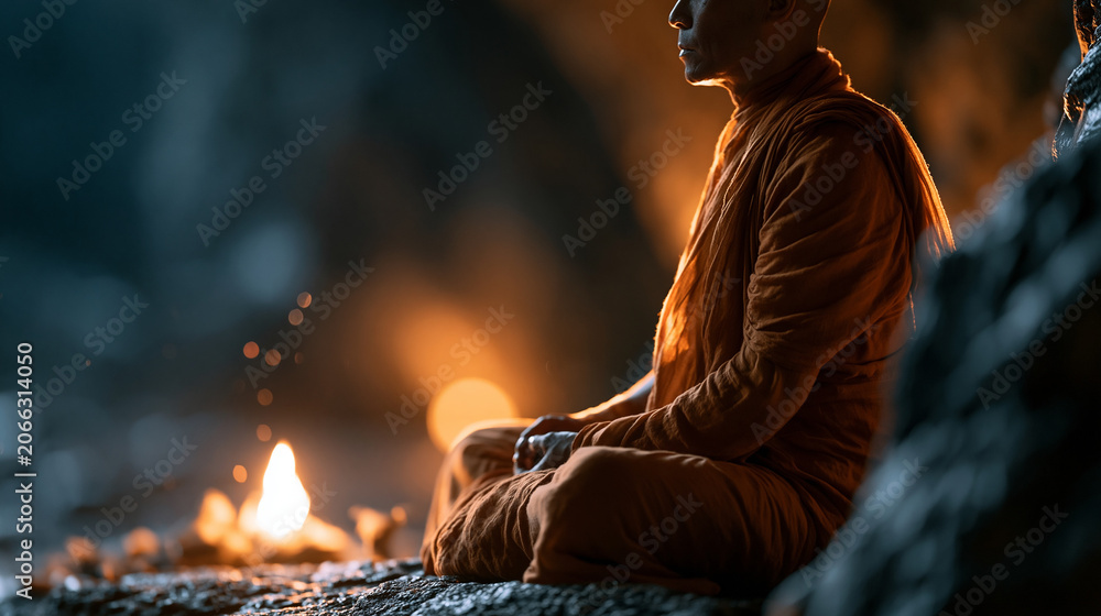 Fototapeta premium Faceless monk meditating in flowing orange robes inside a quiet cave illuminated by a small fire, spiritual enlightenment atmosphere, defocused cave interior in background, cave