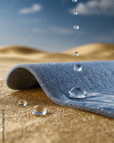 Advanced porous material collecting water droplets from humid air in a dry landscape showcasing climate technology and materials science innovation