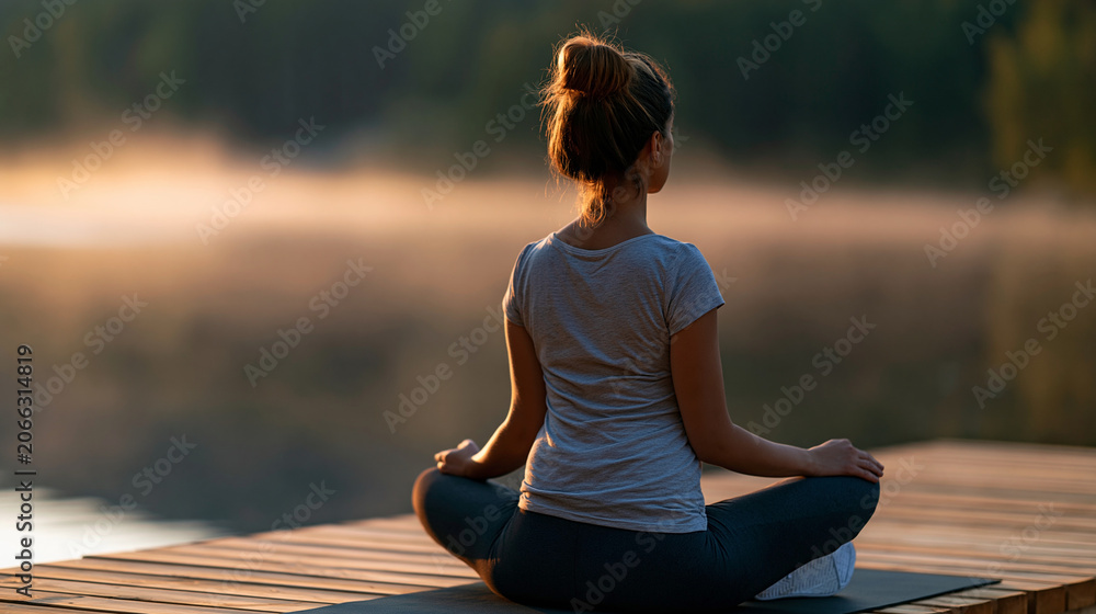 Fototapeta premium Faceless woman practicing yoga meditation on a wooden dock at sunrise over a calm misty lake with forest in the background, defocused misty water in background, dock yoga concept