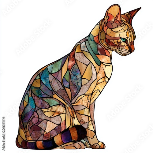 Artistic Stained Glass Cat Silhouette Warm Earthy Tones Detailed Mosaic Pattern