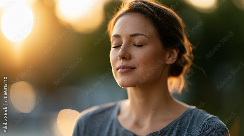 Obraz premium Faceless woman closing her eyes and feeling warm sunlight on her face, practicing meditation and yoga for inner peace and emotional wellbeing in a serene outdoor setting,