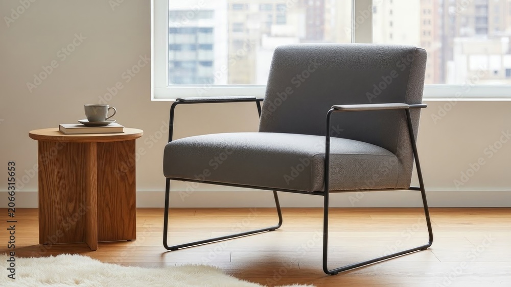 Fototapeta premium Modern grey armchair by wooden side table in bright city apartment