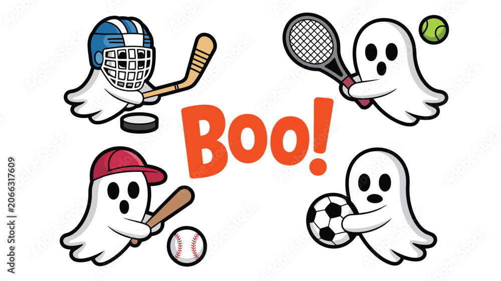 Fototapeta premium Four playful ghosts dressed for various sports activities including hockey tennis baseball and soccer