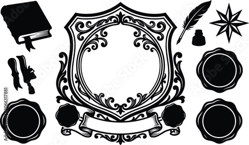 Photos Vintage Literary Heraldic Frame Vector Set with Book Quill Ink Compass Rose and