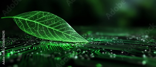 Leaf on a circuit board symbolizing nature and tech.