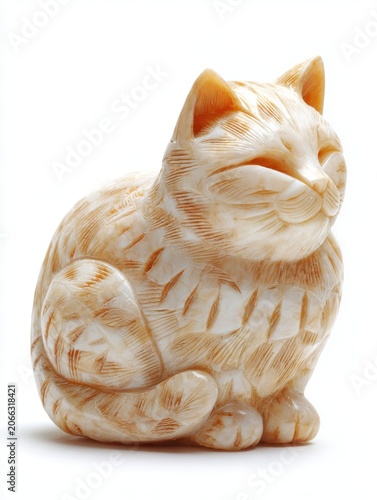 Carved Ivory Cat Figurine With Orange Striped Markings Sitting On White Background