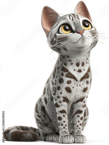 Charming Tabby Kitten With Speckled Fur Looking Upwards With Bright Eyes In Studio Lighting