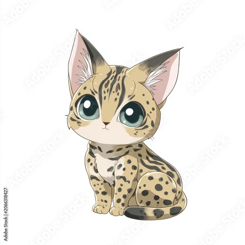 Chibi Serval Kitten Sitting With Large Blue Eyes On White Background Pixel Art