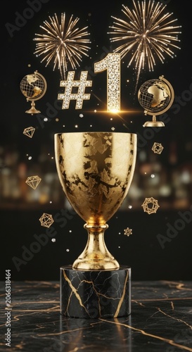 Abstract luxury golden trophy with burnished gold leaf texture on dark gold-veined marble background with celebration fireworks and icons