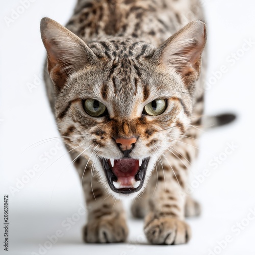 Close Up Of A Bengal Cat With Open Mouth And Green Eyes Against White Background