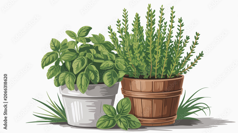 Fototapeta premium Fresh green basil and thyme plants growing in rustic and modern pots, ready for cooking