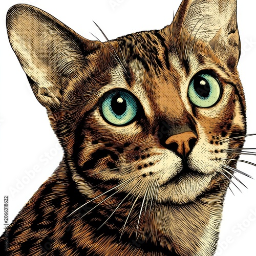 Close Up Portrait of a Brown and Black Striped Cat with Wide Blue Eyes