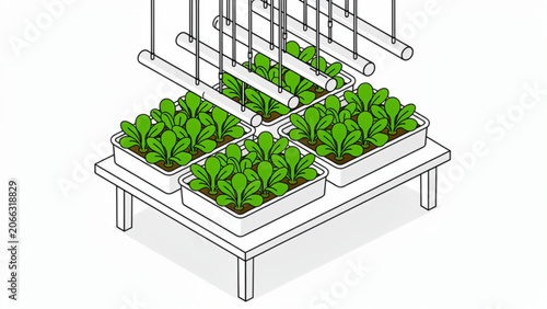Indoor vegetable garden with leafy greens in white raised beds and metal plant supports