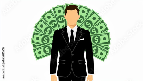 Professional businessman with dollar bills behind him in black suit and tie