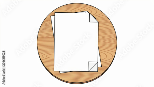 Blank white paper sheets on wooden circular table for note writing or printing