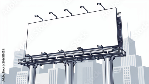 Large blank billboard on urban city background with skyscrapers and cloudy sky for advertising or marketing concepts