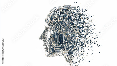 Digital Human Profile with Circuitry and Data Flow in Gray and Blue Tones