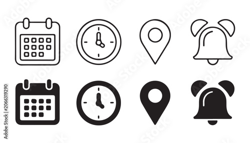 Fotografie Set of calendar clock map pin and notification bell icons in both linear and solid design formats