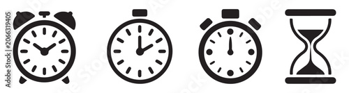 Set of black flat clock and stopwatch icons with hourglass symbol isolated on white background style.