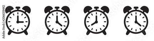 Fényképezés Collection of black alarm clock icons showing different set times isolated on transparent background