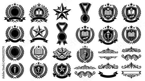 Collection of ornate black emblems and crests.