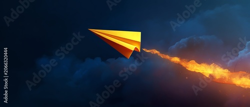 Paper plane flying through a vivid cloud backdrop.