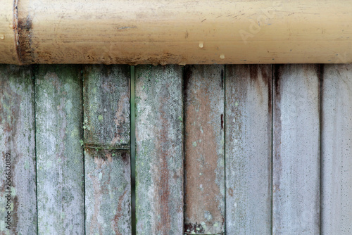 Weathered Wooden Fence with Bamboo Rail Texture and Moss in Japanese Garden