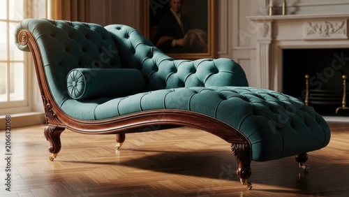 Ornate teal chaise lounge in a classical, sunlit room with a fireplace