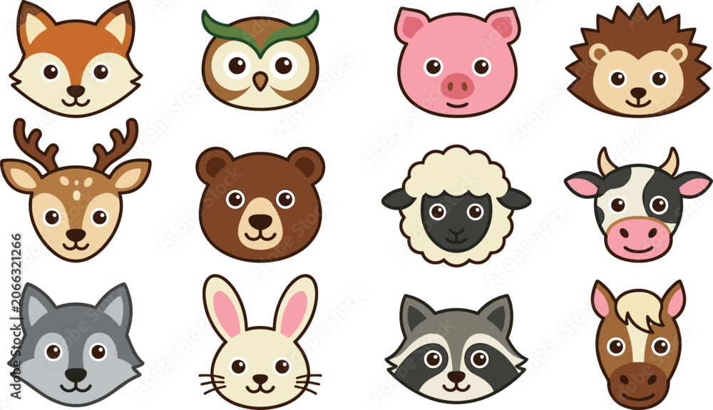 Fototapeta premium Cute wild and domestic animals head avatar portrait vector collection set featuring circular cartoon face icons of fox owl pig hedgehog deer bear sheep cow wolf rabbit raccoon and horse isolated on