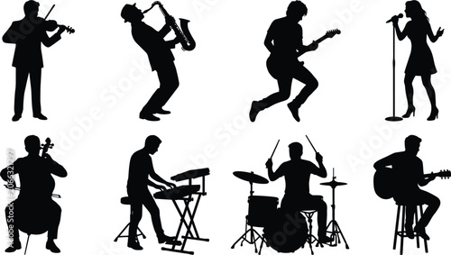 Fotografie Musician silhouettes set featuring band performers playing instruments like guitar drums saxophone violin cello synthesizer and female singer