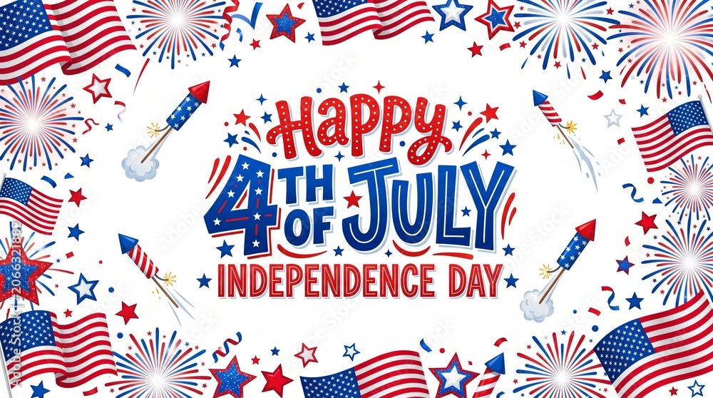Obraz premium Happy 4th of july independence day celebration graphic with fireworks and flags