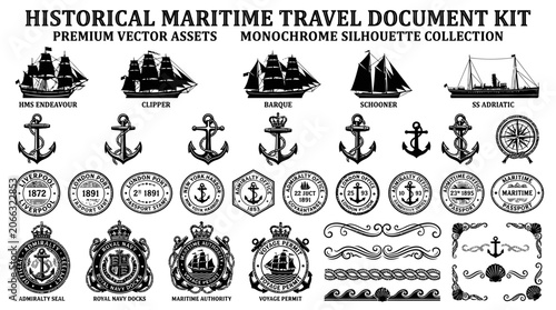 Maritime travel document kit icons.