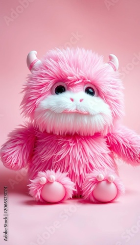 Soft Pink Fluffy Monster Plush Toy on Pastel Background, plush, tender