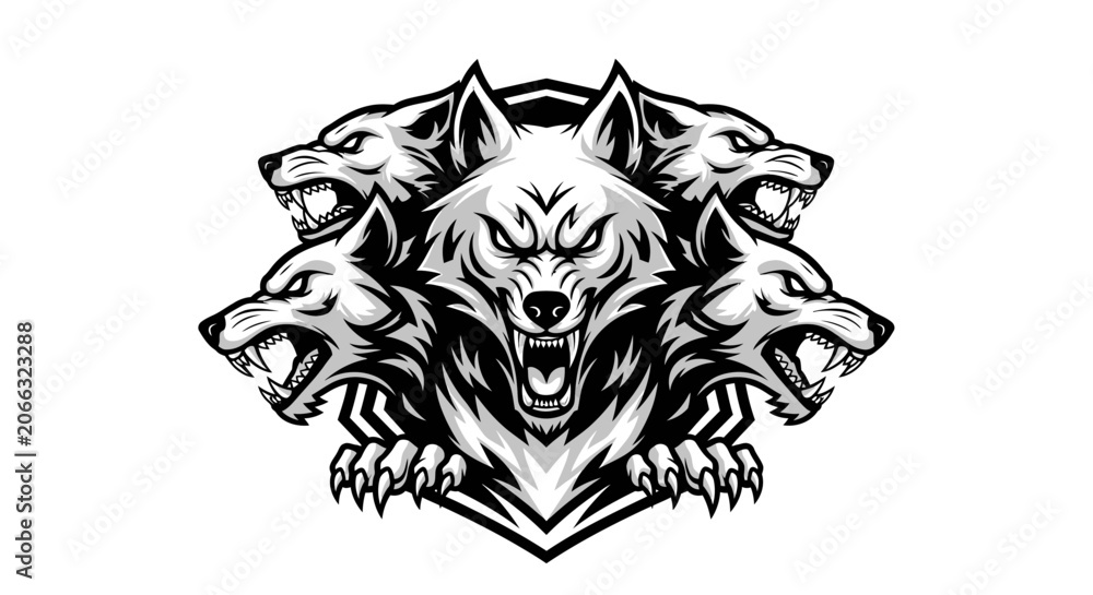 Fototapeta premium Three aggressive wolf heads on a crest shield background.