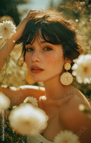 Golden Hour Portrait of Young Woman with Flowers and Elegant Earrings