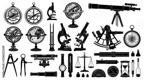 Vintage scientific instruments on display.