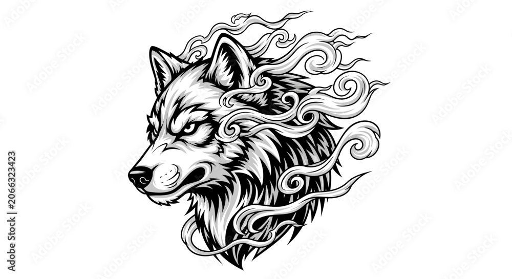 Fototapeta premium Wolf head illustration with smoke and fire trail effects.