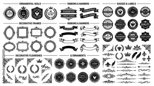 Collection of various decorative emblems.