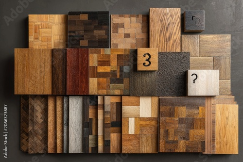 Varied textures, patterns, and hues of wooden blocks arranged against a gray backdrop