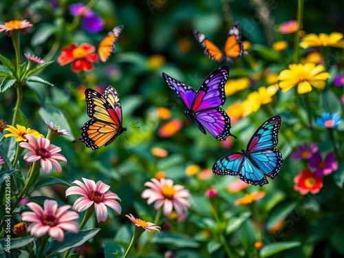 Vibrant butterflies flutter amidst lush greenery and colorful blooms, floral arrangement, colorful