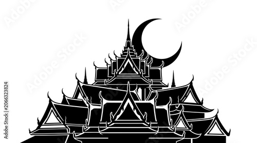 Black and white Thai temple illustration.