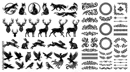 Black silhouettes of various wild animals.