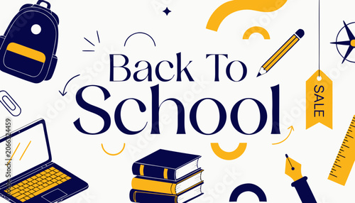 Premium back to school sale banner design featuring school supplies stationery icons and modern typography for educational retail promotions