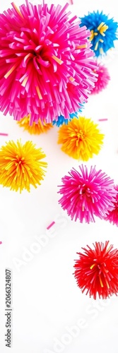 Cheerful pom-poms bouncing with energy on a clean white background, energetic, upbeat