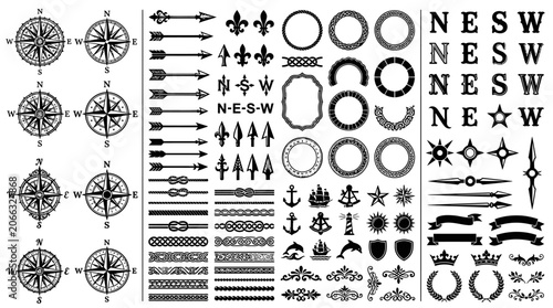 Navigation symbols and compass icons.